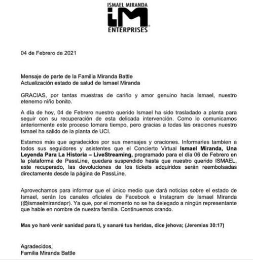 Comunicado de la familia de Ismael Miranda.