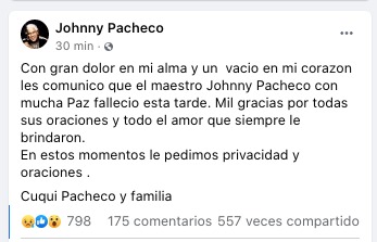 Comunicado de la familia anunciando el fallecimiento.