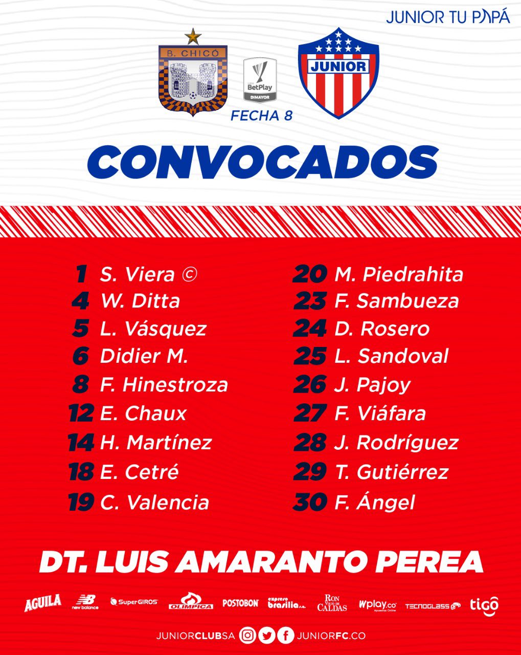 Convocados de Junior para el partido ante Chicó. 