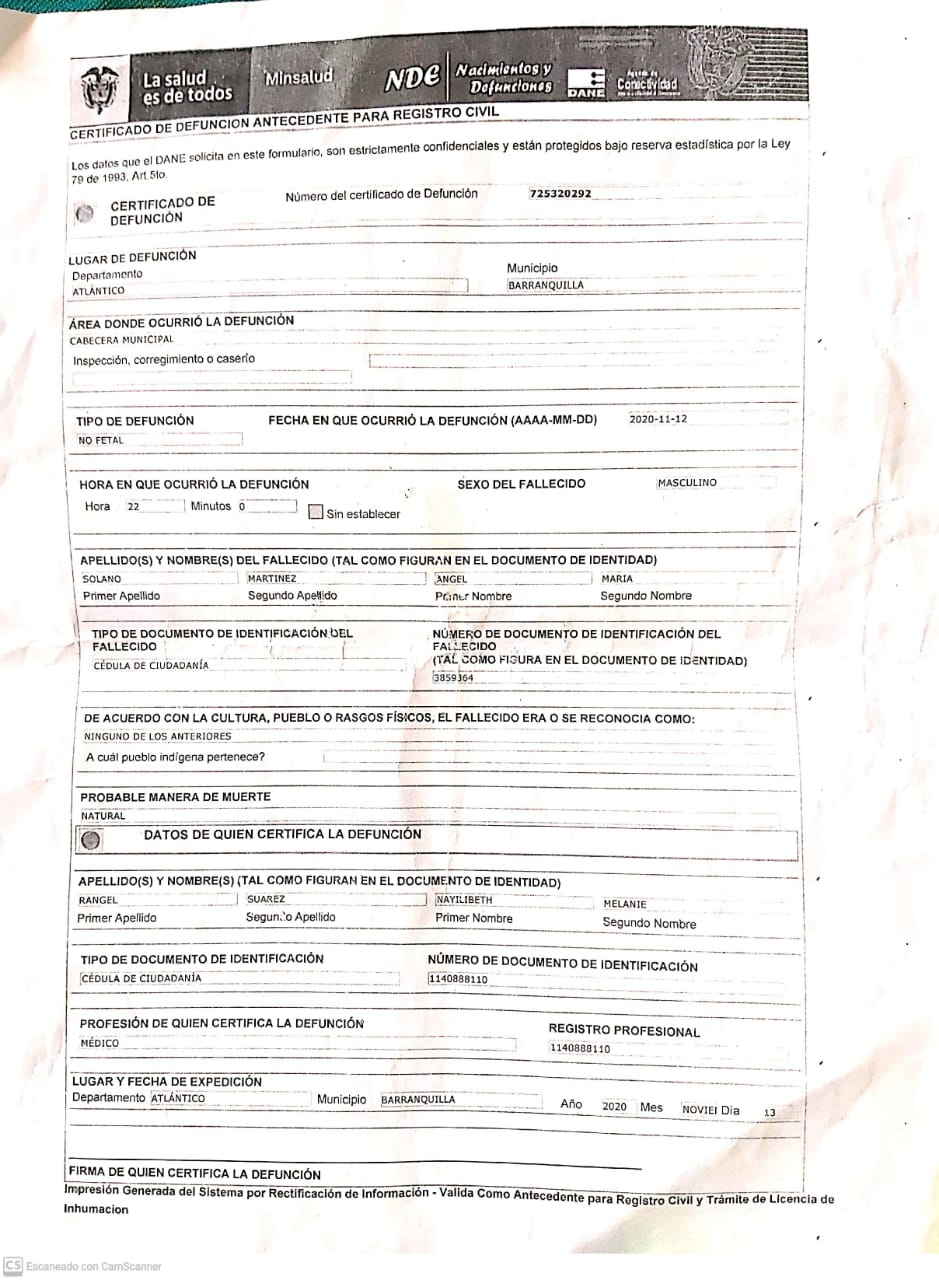 Acta de defunción con el nombre de Ángel Maria Solano.