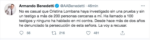 Reacción de Armando Benedetti.