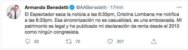 Reacción de Armando Benedetti.