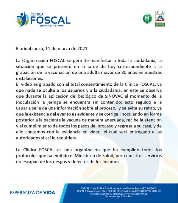 Comunicado de la Clínica Foscal.