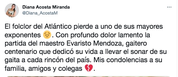 Mensaje luctuoso de la Secretaria de Cultura del Atlántico, Diana Acosta.