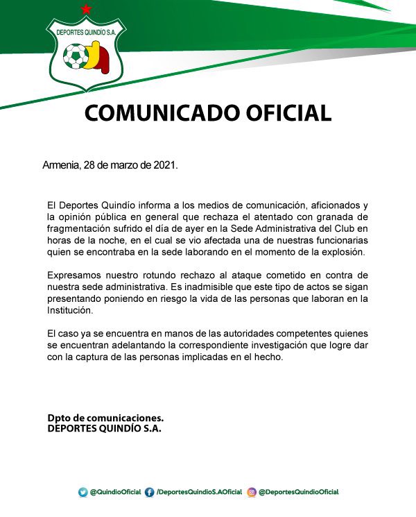 Comunicado del Deportes Quindío. 