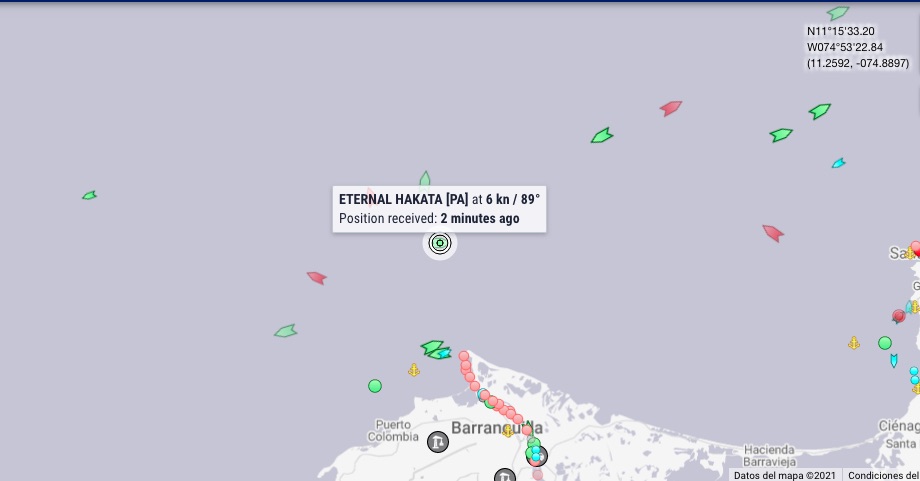 Posición actual del Eternal Hakata frente a Bocas de Ceniza.