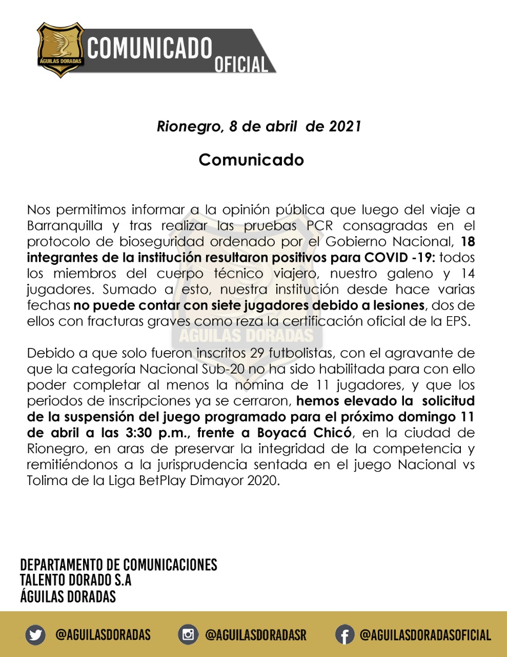 Convocados de Águilas de Rionegro. 