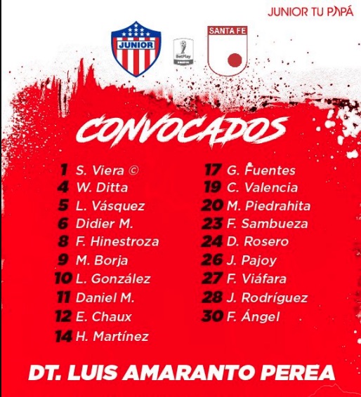 Convocados del Junior para enfrentar a Santa Fe.