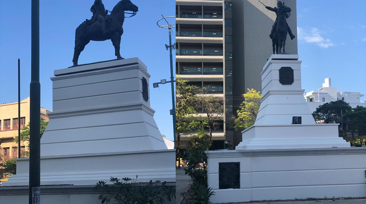 La estatua del Libertador, de nuevo con su verdadera cara.