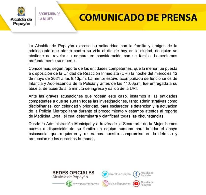 Comunicado de la Alcaldía de Popayán sobre suicidio de adolescente.