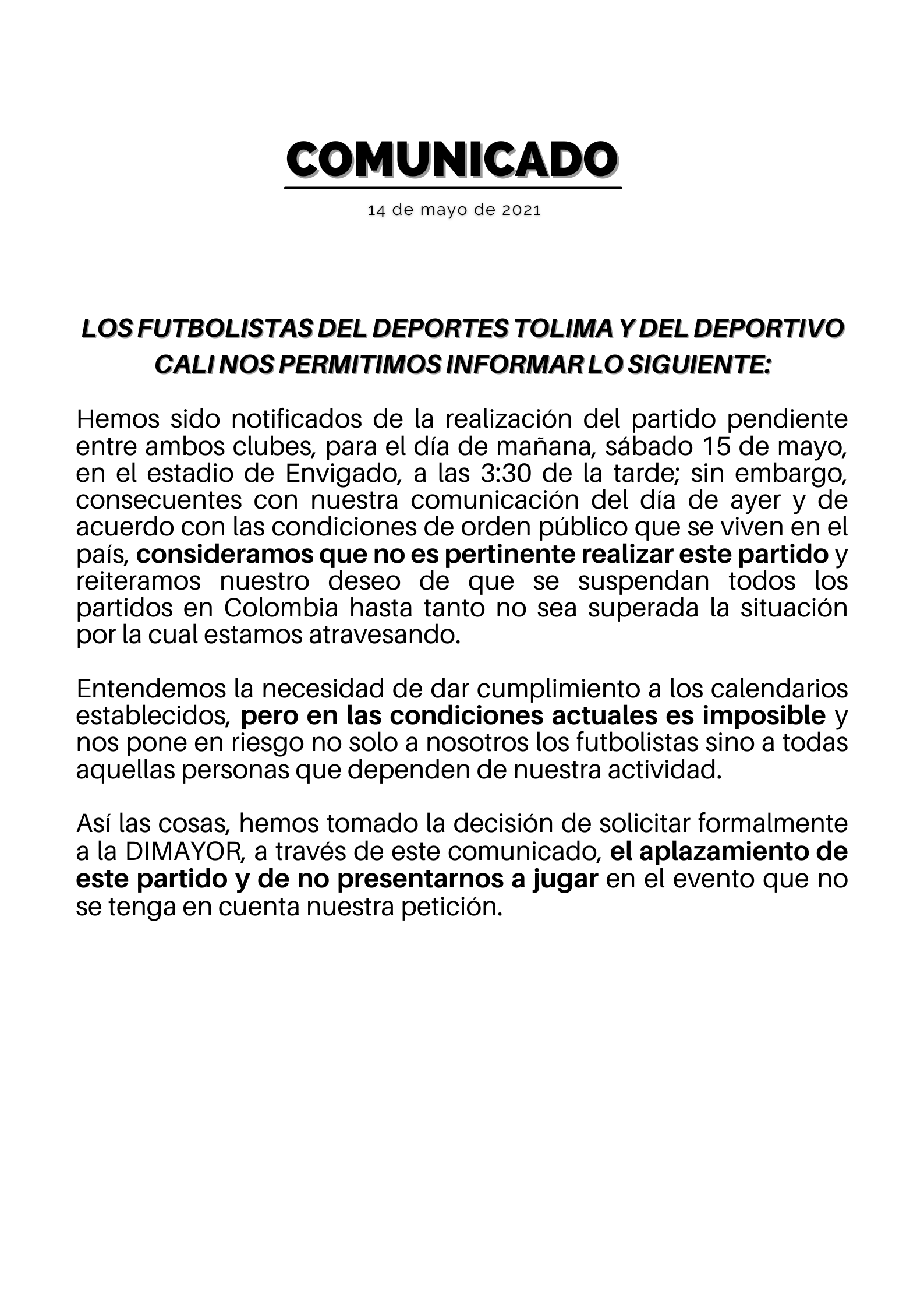 Comunicado de los jugadores del Cali y Tolima. 