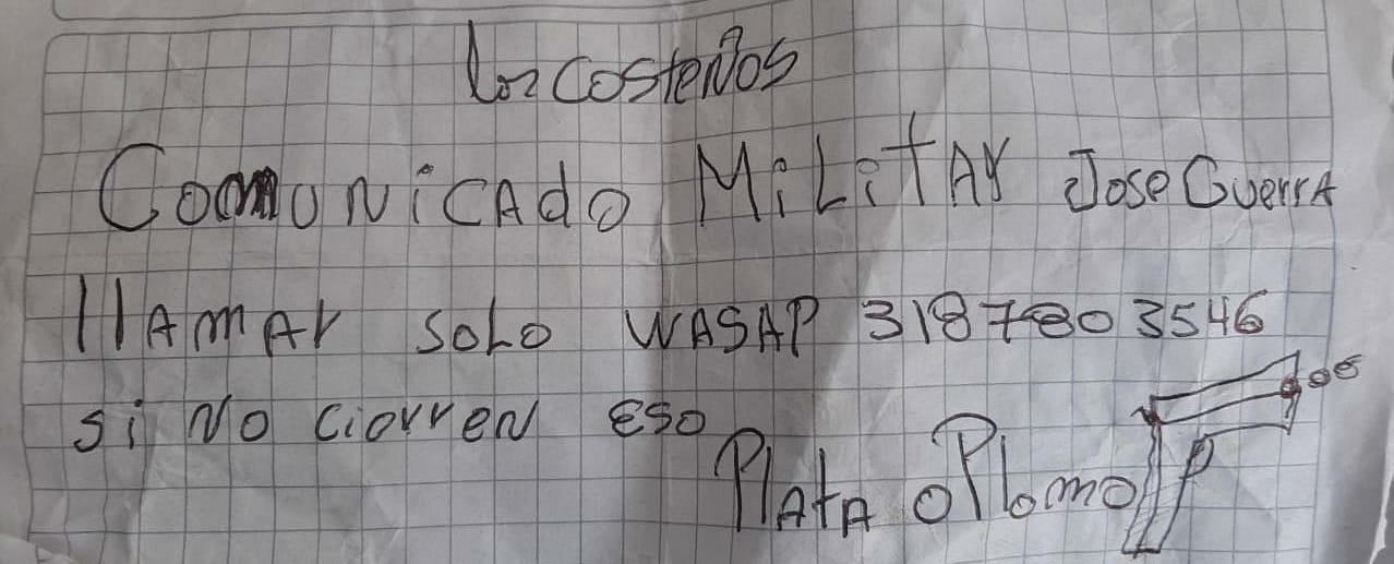 Uno de los panfletos que le encontraron a Orlay José Patiño Sarabia.