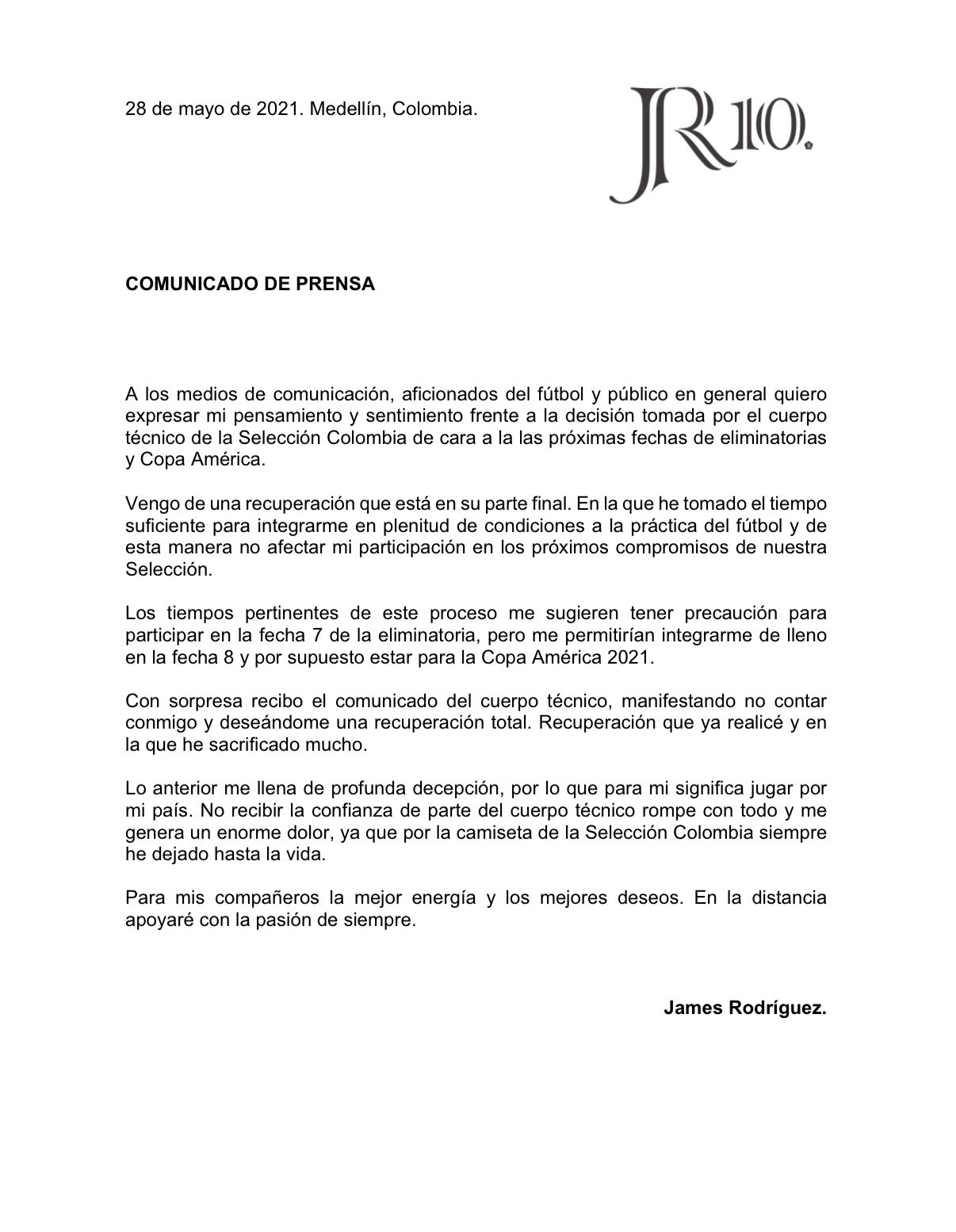 Comunicado de James Rodríguez. 