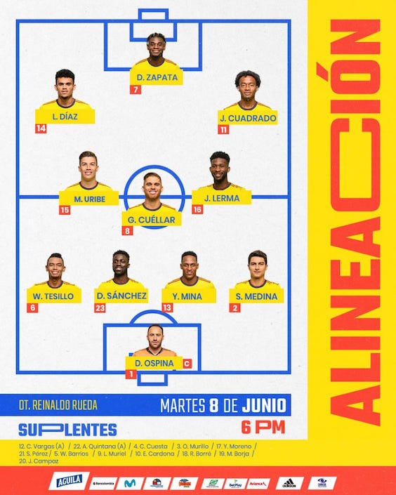 Titular de Colombia ante Argentina.