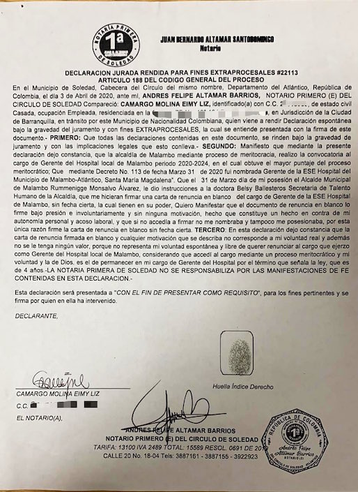 La declaración de Eimy Camargo ante el Notario de Soledad.