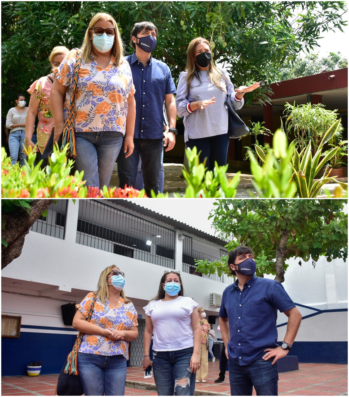 La secretaria de Educación, Bibiana Rincón, y el alcalde Jaime Pumarejo, con las rectoras, arriba del colegio distrital de La Unión, y abajo la del colegio Betania Norte.