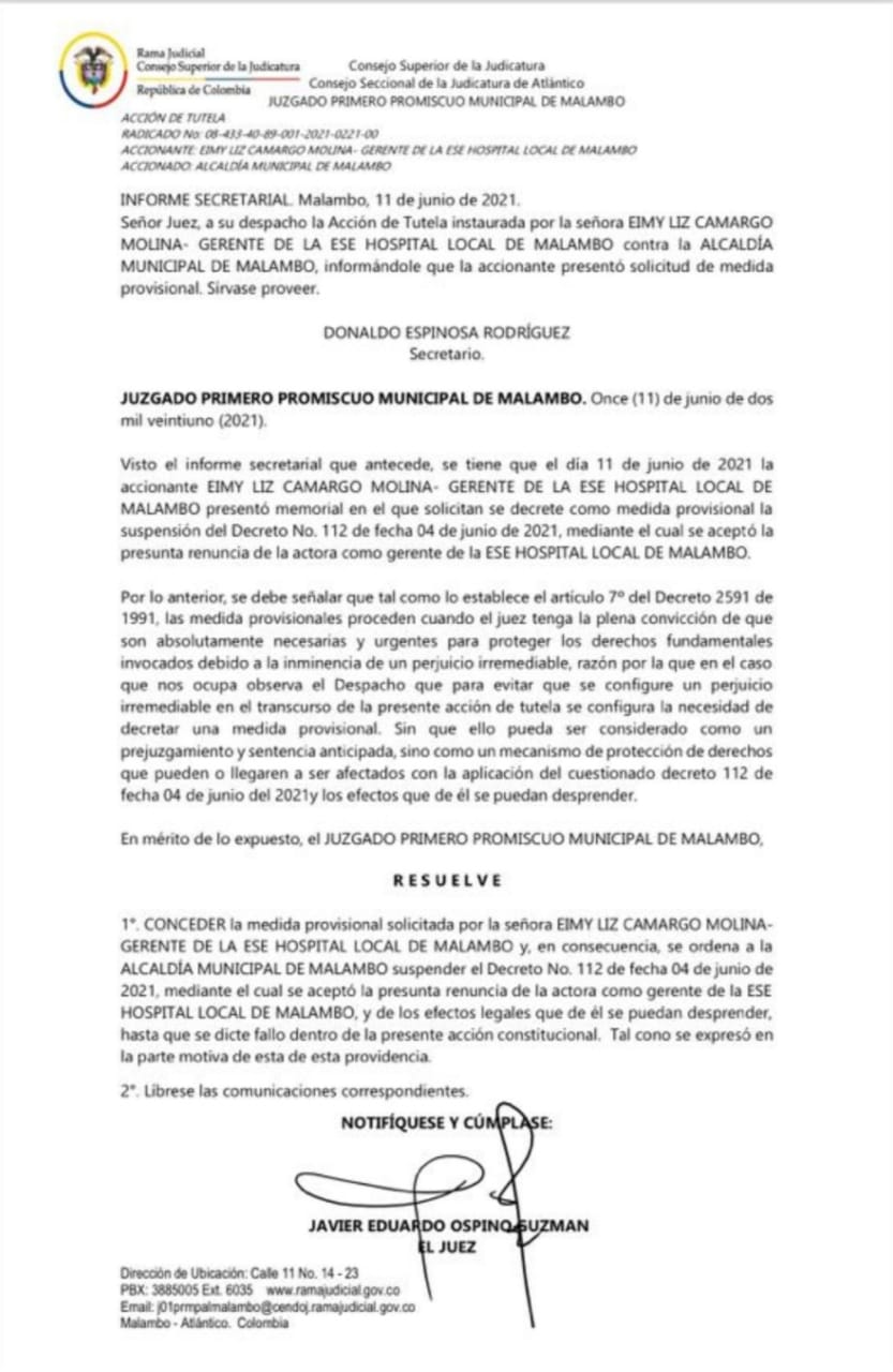 Decisión del juzgado frente a la acción de tutela instaurada por la gerente del Hospital Local de Malambo. 