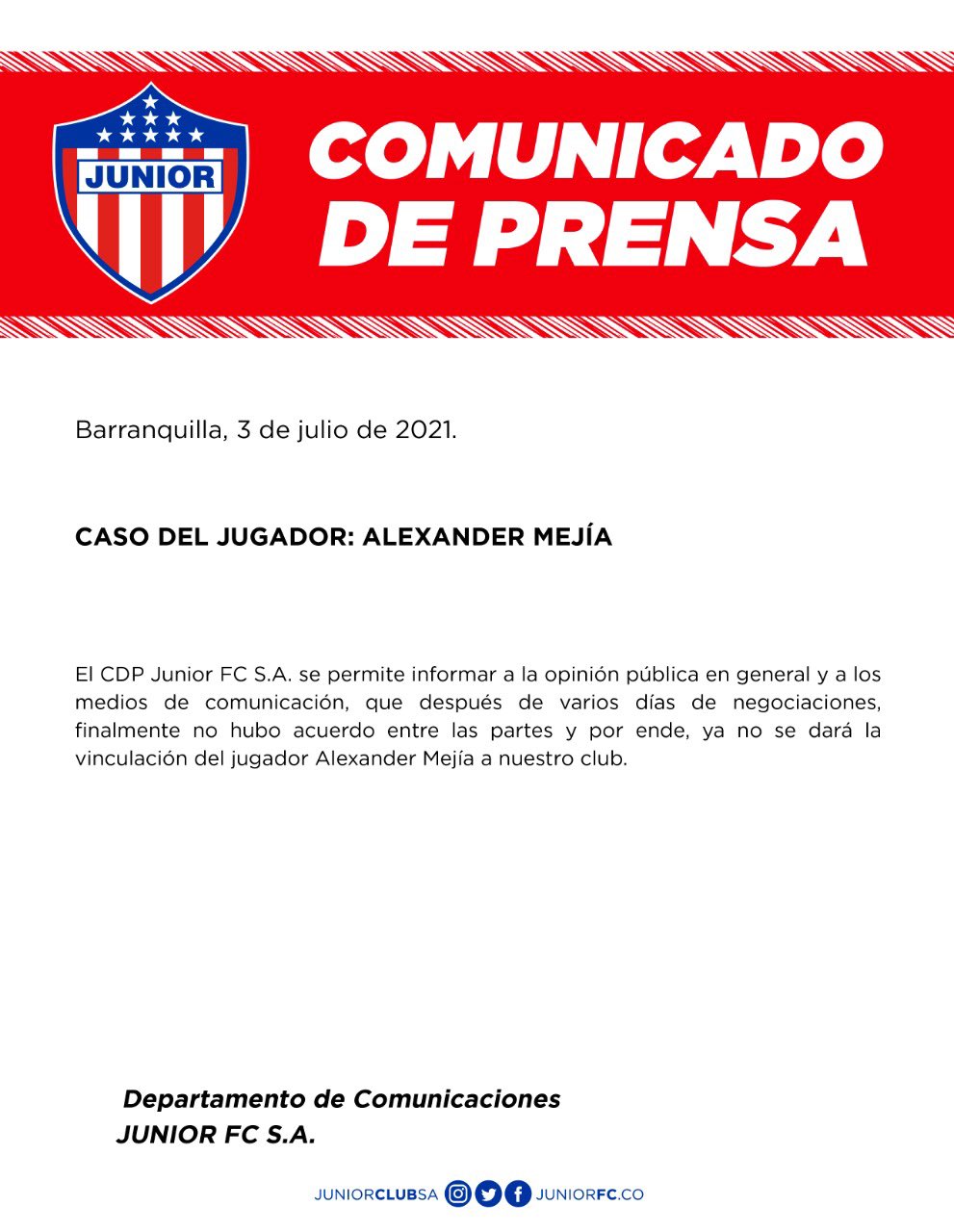 Junior Club SA. Comunicado de Junior.