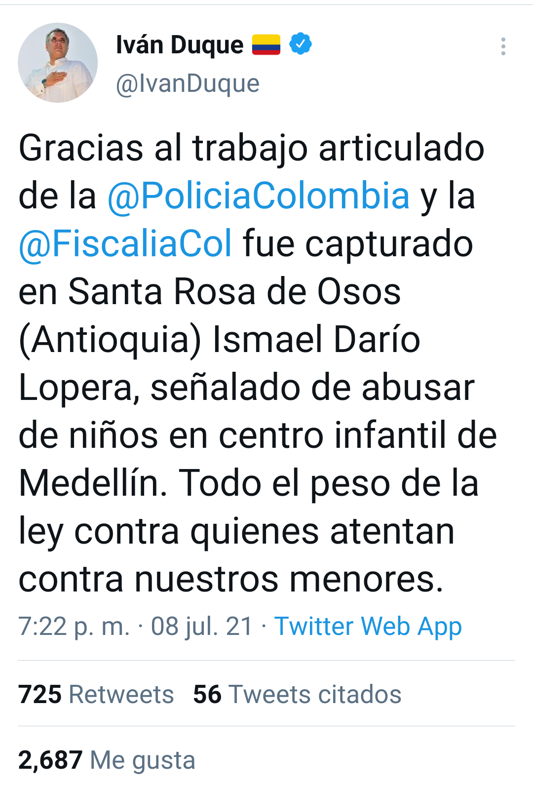 Trino del Presidente Iván Duque sobre 'Manolo'.