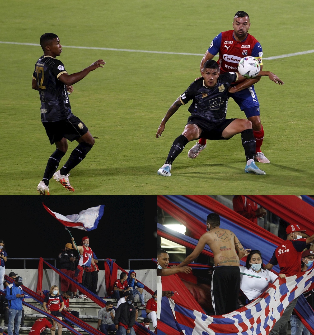 El jugador de Deportivo Independiente Medellín Andrés Cadavid (d) disputa el balón con Cesar Arias de Águilas Doradas durante el partido de la primera fecha del fútbol Colombiano en el estadio Atanasio Girardot en Medellín (Colombia). En la foto, los hinchas en las tribunas del Atanasio Girardot.