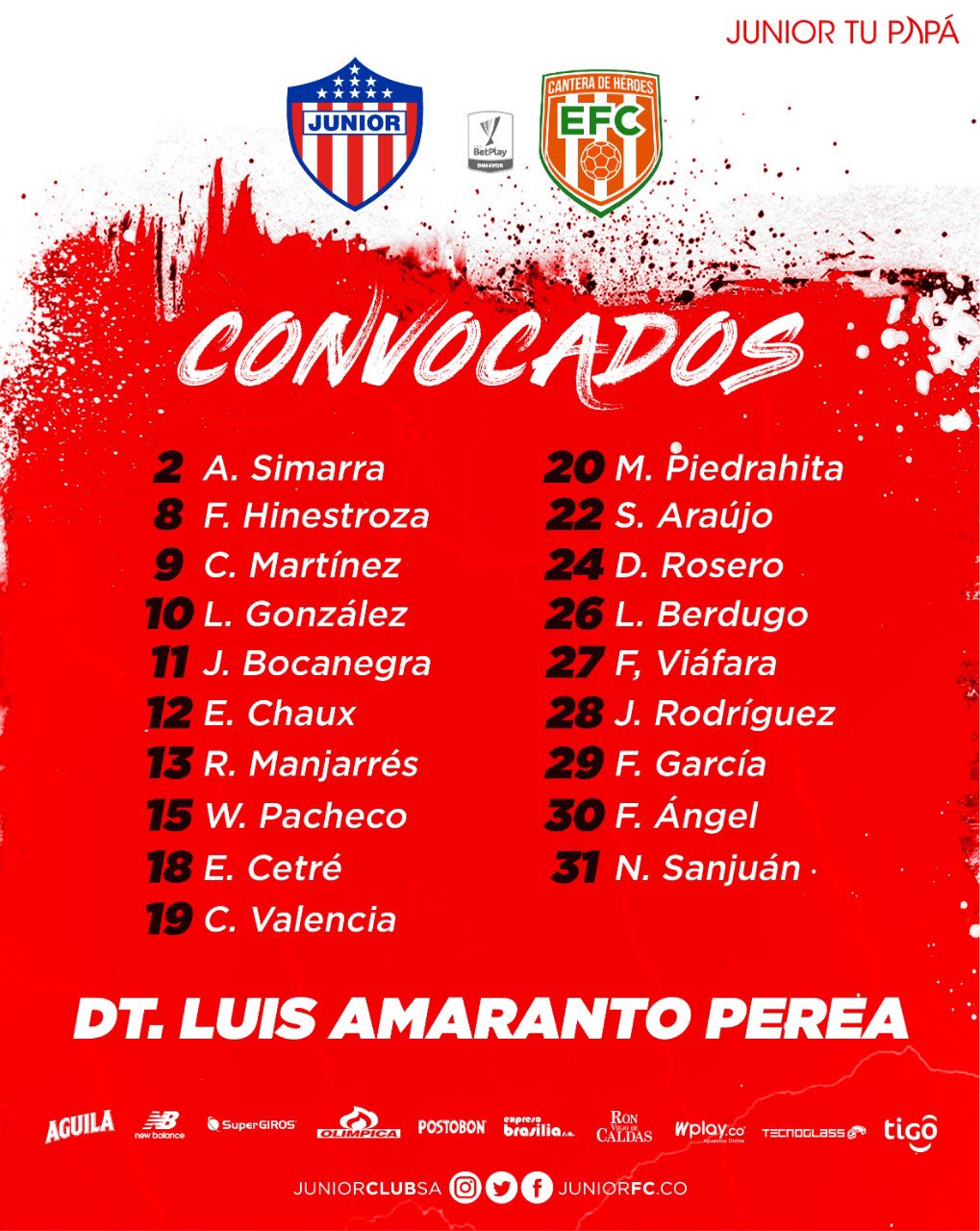 Lista de concentrados de Junior, para el duelo ante Envigado. 