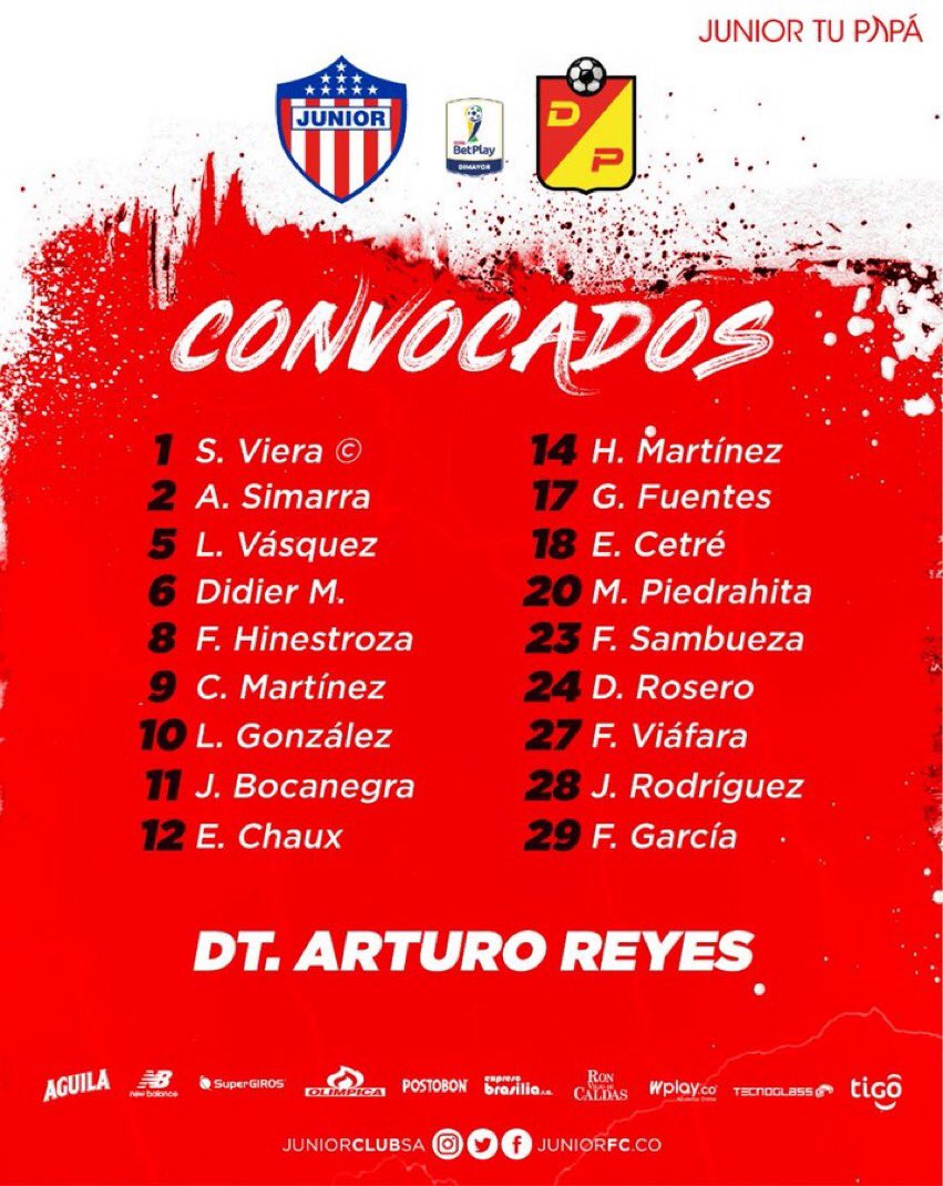 Los convocados del Junior para enfrentar al Deportivo Pereira.