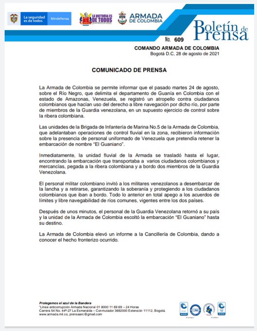 Comunicado del incidente en Guainía.