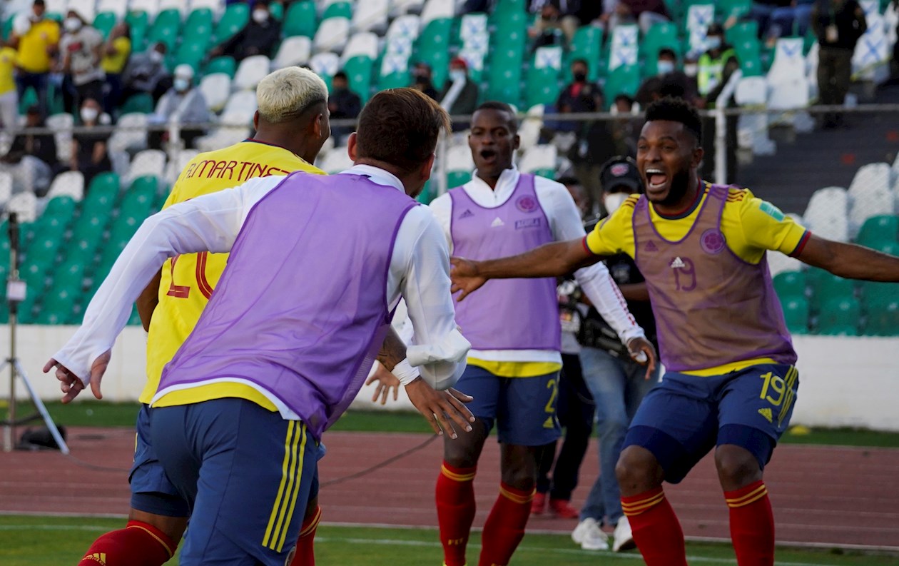 Jugadores de Colombia celebrando el gol de Roger Martínez.