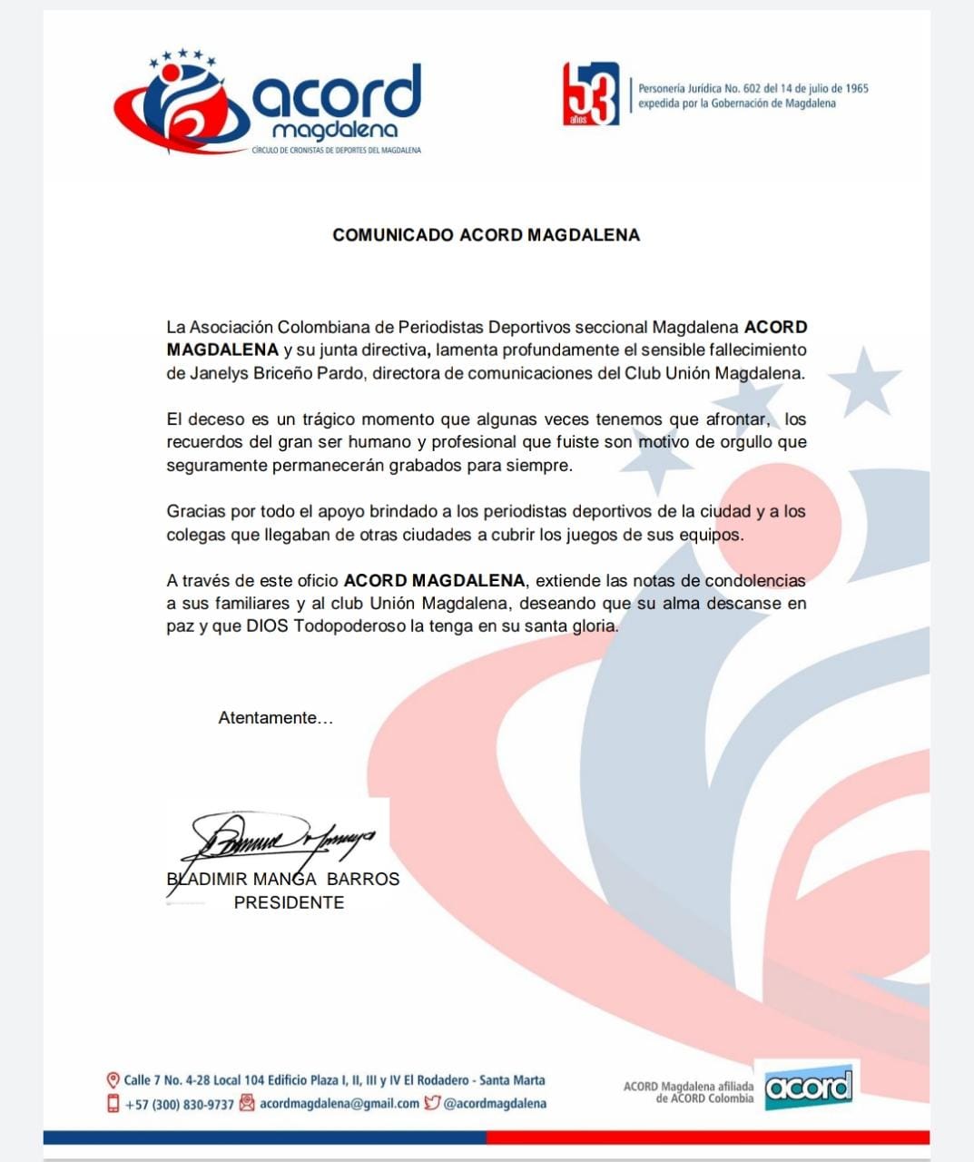 Las condolencias de la Acord.