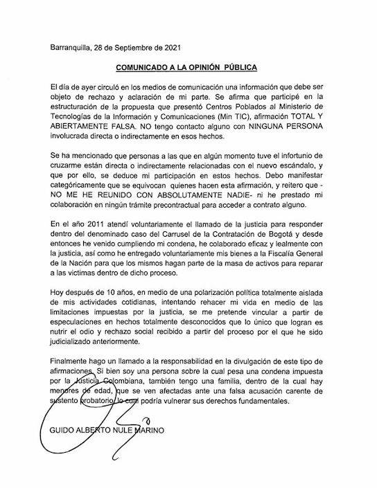 Comunicado de Guido Nule Marino.