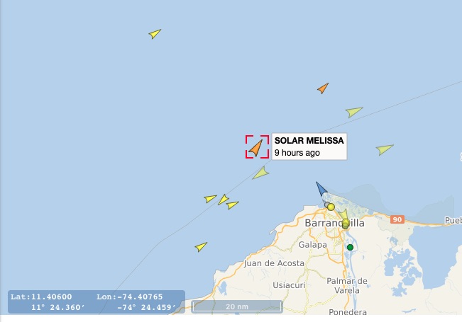 Posición en la que se encuentra el tanquero Solar Melissa en Bocas de Ceniza.