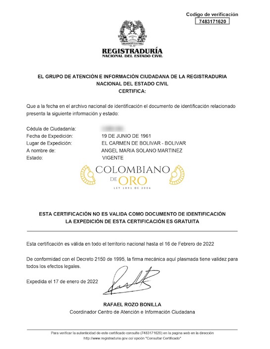 La certificación expedida por la Registraduría.