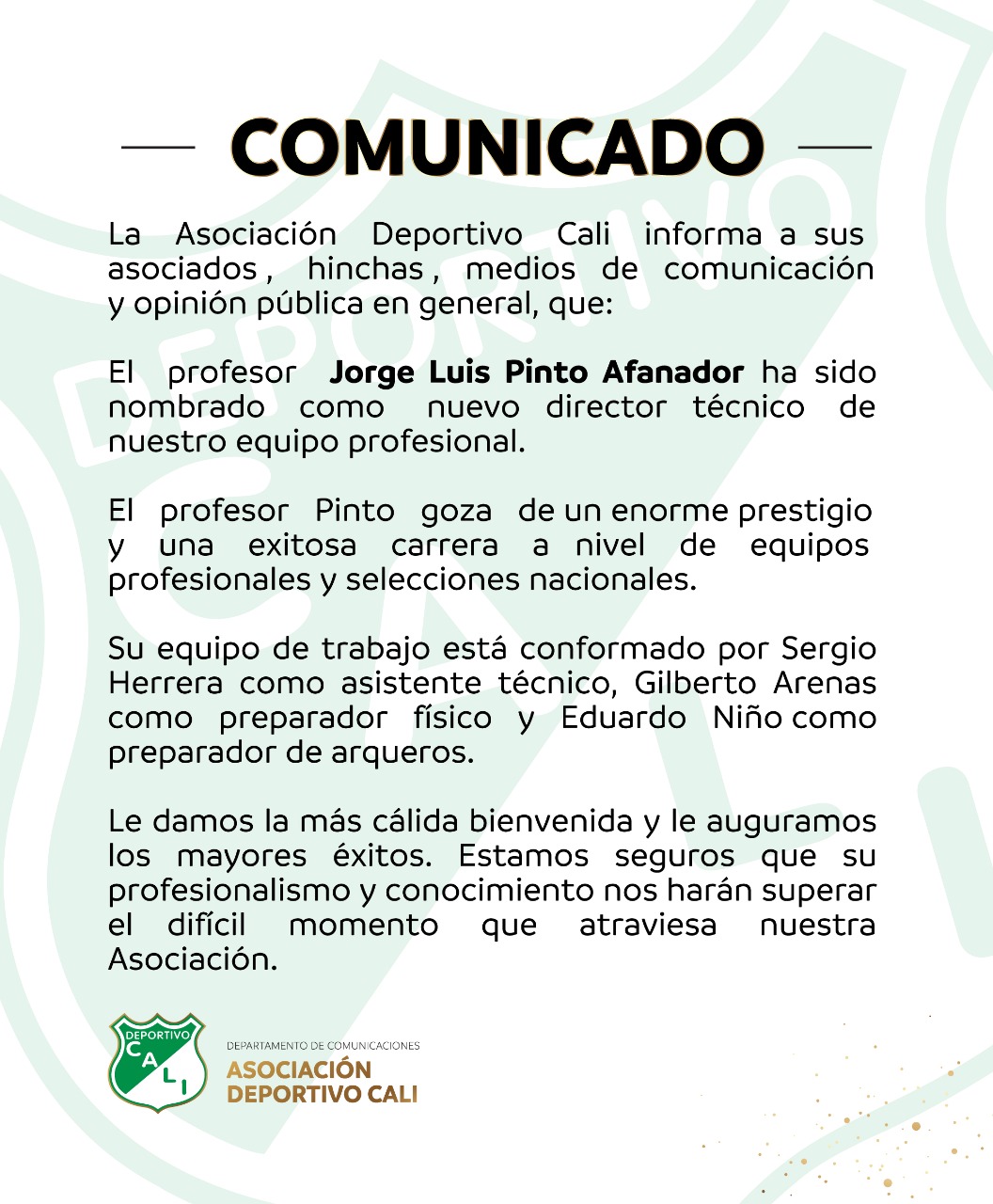 Comunicado del Deportivo Cali. 