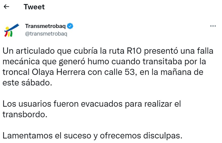 Tweet de la empresa Transmetro.