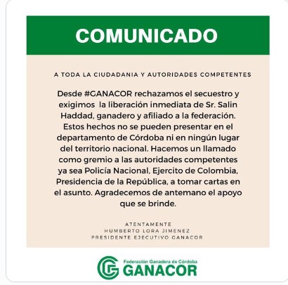 Comunicado de Ganacor sobre el secuestro de Salim Haddad García