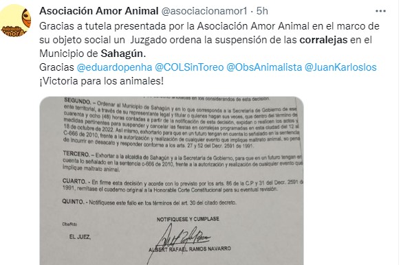 El trino de la Asociación Amor Animal sobre el fallo del juez.