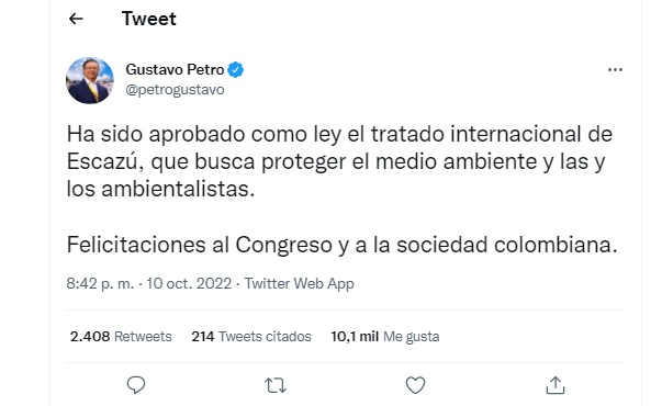 @petrogustavo El trino de Petro sobre Escazú