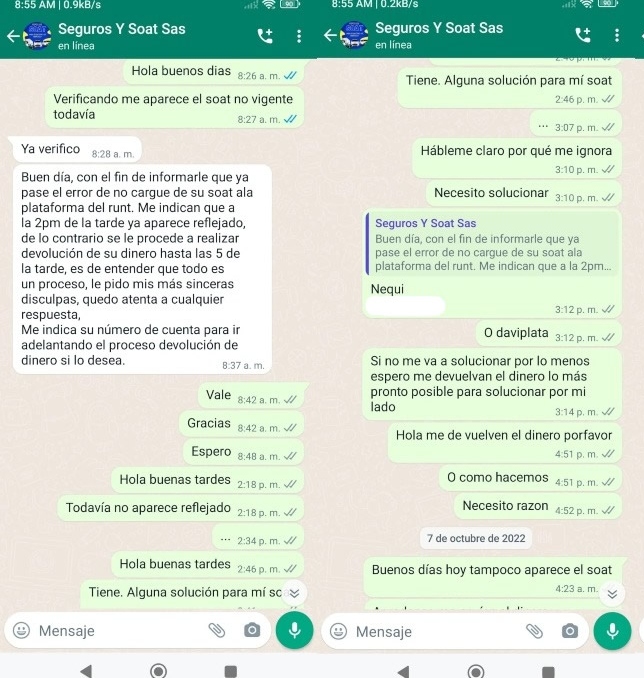 Los chats del afectado con la compañía.