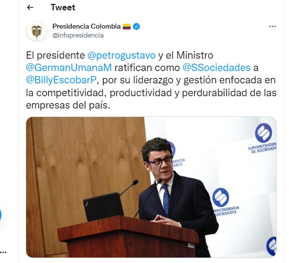 El trino de la Presidencia de la República sobre Billy Escobar