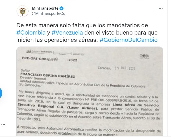 El trino del Ministro de Transporte sobre las aerolíneas autorizadas.