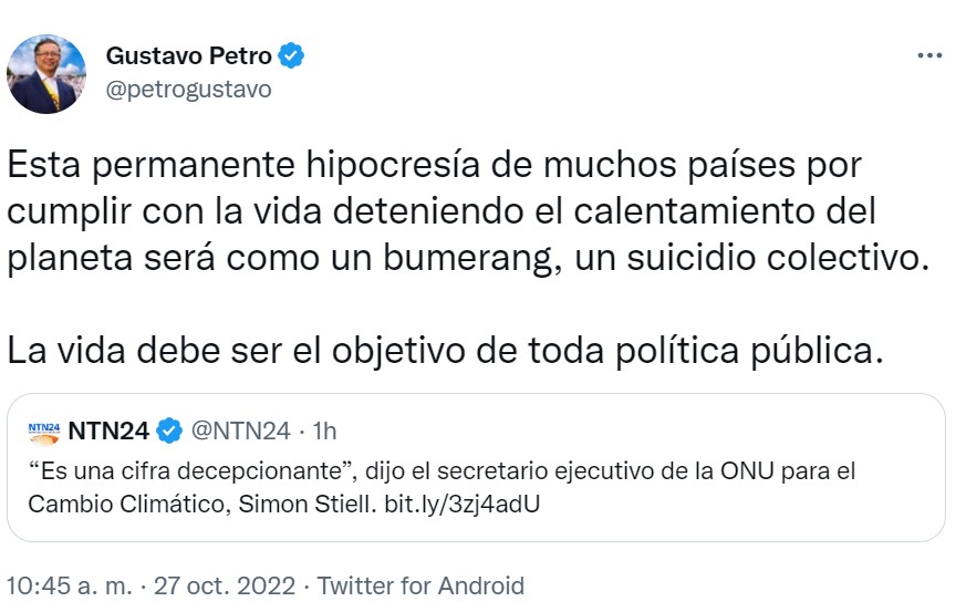 Tweet de Gustavo Petro