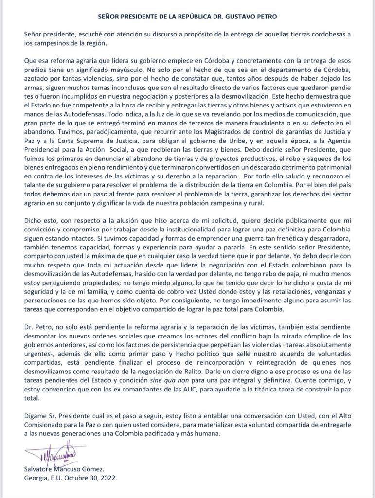 Carta de Salvatore Mancuso al Presidente Gustavo Petro.