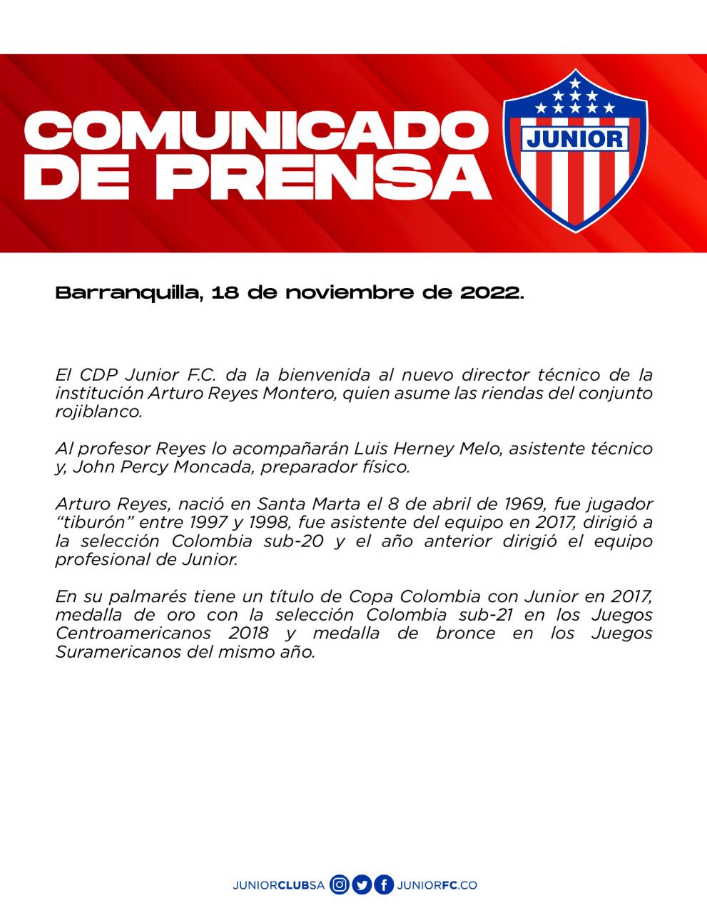 Comunicado de Junior. 