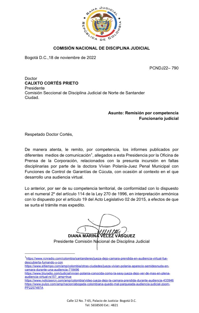 Carta emitida por la Comisión Nacional de Disciplina Judicial.