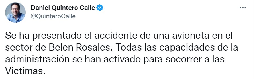 Tweet del alcalde Daniel Quintero.