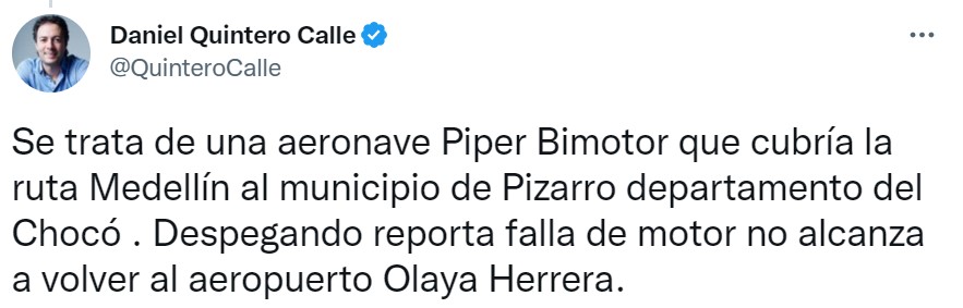 Tweet del alcalde Daniel Quintero.