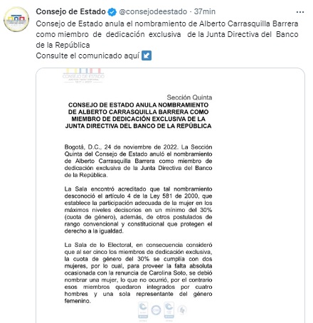 La decisión del Consejo de Estado anunciada en redes sociales.