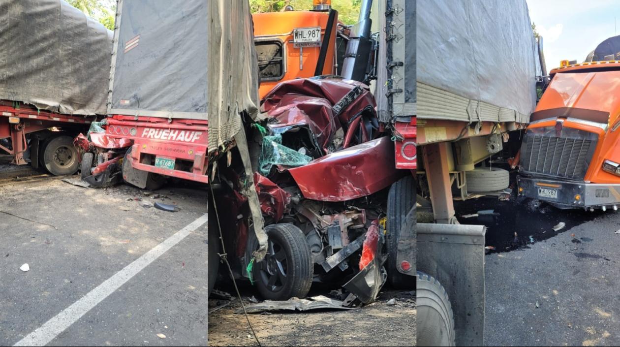 La camioneta en la que se movilizaban madre e hija quedó aprisionada entre dos tractomulas. 