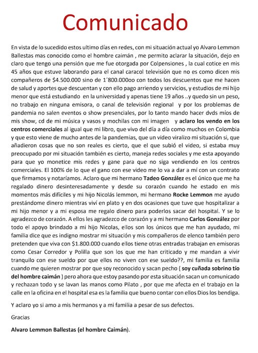 El comunicado del 'Hombre Caimán'.