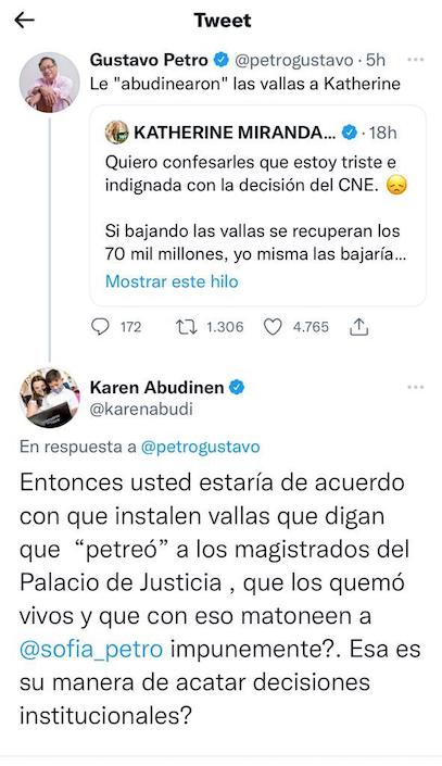 Trino de Gustavo Petro y respuesta de Karen Abudinen.